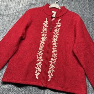 Coldwater Creek 100% Wool Red Floral Embroidered Zip Jacket 1X Christmas 2000s